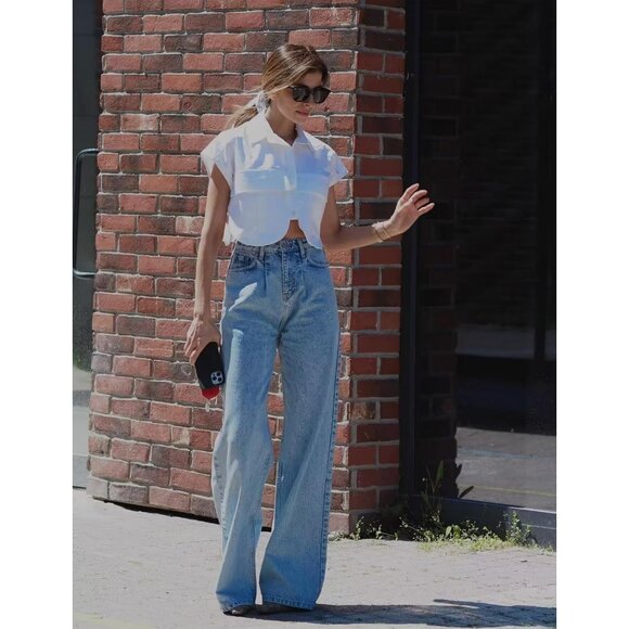 Women's Cropped Denim Shirt Cotton Polyester Sleeveless Summer Casual - Picture 2 of 7